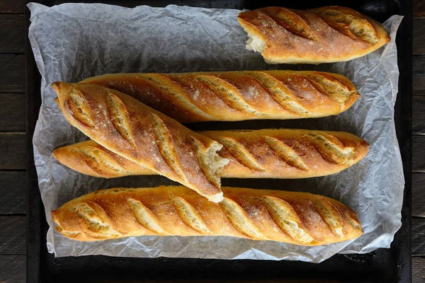 Čerstvé Křupavé Francouzské Bagety Horní Pohled Chléb — Stock fotografie