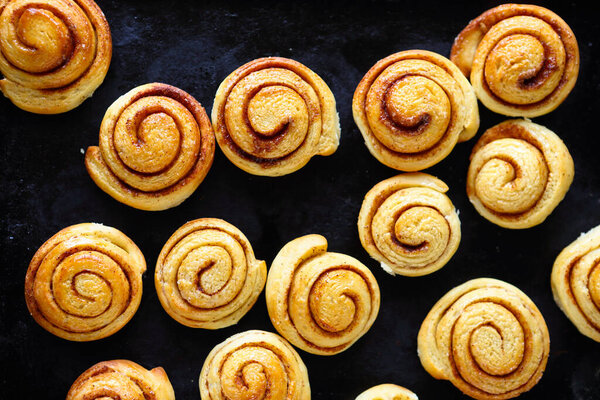 cinnamon rolls on a baking sheet, sweet food top view