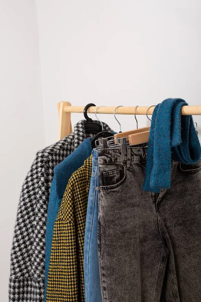 Warm Winter Demi Season Wardrobe Jeans Coats — Stock Photo, Image