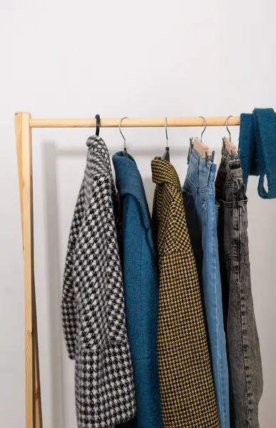 Warm Winter Demi Season Wardrobe Jeans Coats Hangers Clothing — Stock Photo, Image