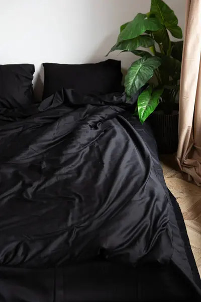 Текстура Чорної Оббитої Постільної Білизни Ліжку — стокове фото
