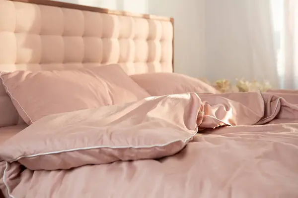 Wrinkled Light Pink Bed Linen Morning Routine — Stock Photo, Image