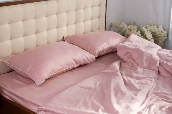 Pale Pink Satin Bed Linen Pillows Morning Messy — Stock Photo, Image