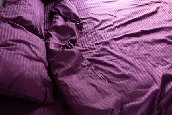 Morning Mess Crumpled Silk Bed Sheet Lilac Color Stock Picture