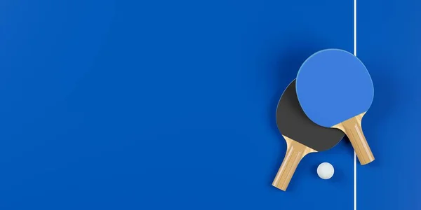 两个乒乓球或乒乓球桨或球拍与乒乓球蓝色桌布背景平面从上方放置顶部视图与复制空间 3D插图 — 图库照片