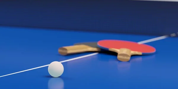 乒乓球或乒乓球球拍或球拍 有蓝色桌布背景的乒乓球 有选择的焦点 三维插图 — 图库照片