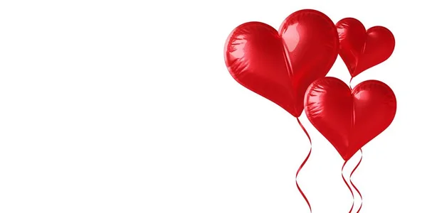 Three Shiny Red Balloon Hearts Red Ribbons Isolated White Background — Stock Photo, Image