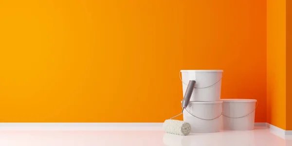 Orange paint roller leaning against white paint buckets in empty room with orange wall background, home improvement, renovation or construction work concept, 3D illustration