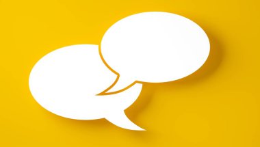 İki tur üst üste bindirme ve kesme beyaz boş konuşma balonu veya turuncu arkaplan üzerinde balonlar, iletişim konsept şablonu, 3D illüstrasyon