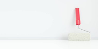 Boş beyaz oda arka planında duvara yaslanan beyaz boya silindiri, ev geliştirme, yenileme veya inşaat işi konsepti, fotokopi alanı, 3D illüstrasyon