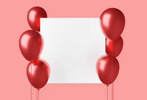 Floating red balloons on pastel background with empty, blank, square white card with copy space, celebration, holiday or birthday card template, 3D illustration