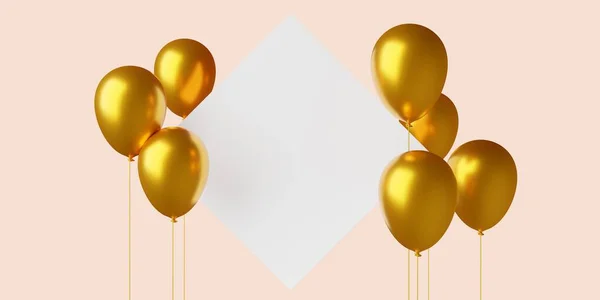 Floating gold balloons with empty, blank greeting card on pastel background with copy space, celebration, holiday or birthday card template, 3D illustration