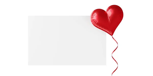 Único Coração Balão Vermelho Brilhante Com Fita Vermelha Branco Cartão — Fotografia de Stock