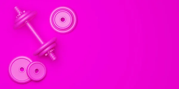 ピンクの背景にピンクのフラットレイアウト上から上のビュー 女性のフィットネス 筋肉運動 ボディービルや女性のフィットネスコンセプト 3Dイラストの上にスタックプレートとシングルピンクのフィットネスジムダンベル — ストック写真