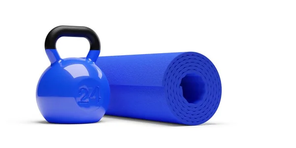 Single Fitness Studio Kettlebell Gewichte Mit Yoga Fitnessmatte Vor Weißem — Stockfoto