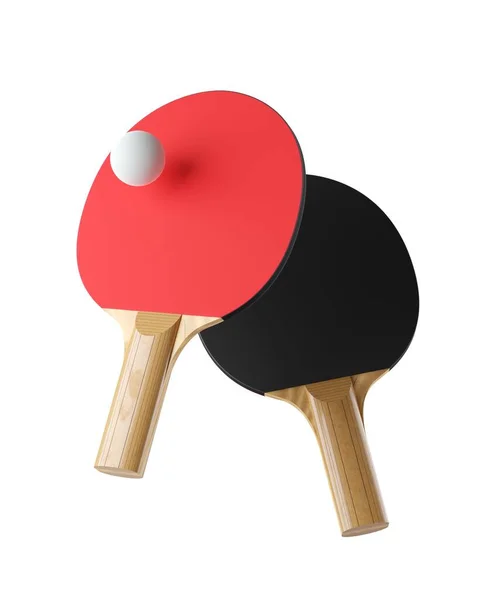 白い背景に浮かぶ卓球ボールが浮かぶ卓球台または卓球台またはラケットのペア 3Dイラスト — ストック写真