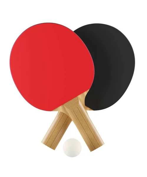 两个红色和黑色乒乓球或乒乓球或球拍与白色乒乓球交叉漂浮孤立的白色背景 3D插图 — 图库照片
