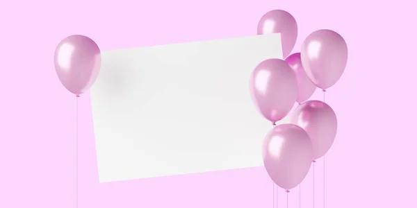 Floating pink balloons on pink background with empty, blank white card with copy space, celebration, holiday or birthday card template, 3D illustration