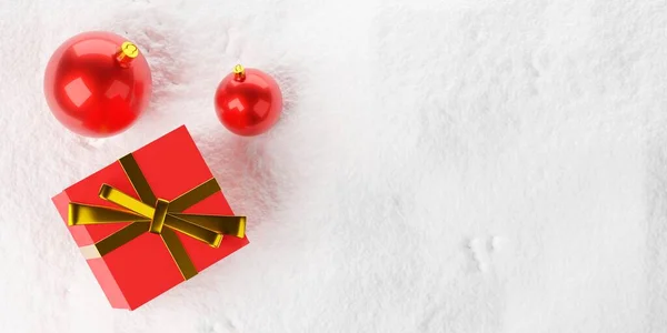 红色圣诞彩球和圣诞礼物 或在雪地背景下赠送的带有复制空间平面的包裹 从上面俯瞰着 圣诞节或新年模板 3D插图 — 图库照片