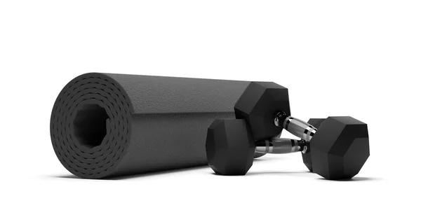 Zwei Fitnessstudio Sechskantgewichte Mit Grauer Yoga Fitnessmatte Vor Weißem Hintergrund — Stockfoto