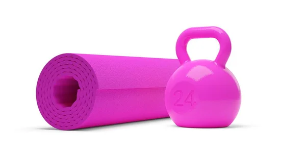 Růžové Fitness Tělocvična Kettlebell Hmotnost Růžovou Pěnou Jóga Fitness Podložka — Stock fotografie