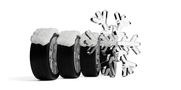Cuatro Neumáticos Coche Pie Sobre Fondo Blanco Con Copo Nieve — Foto de Stock