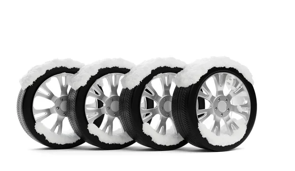 Fila Cuatro Neumáticos Coche Cubiertos Nieve Sobre Fondo Blanco Concepto — Foto de Stock