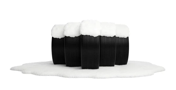 Nové Nepoužité Pneumatiky Stojící Sněhové Ploše Pokryté Sněhem Bílém Pozadí — Stock fotografie