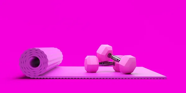 Pink fitness gym hexbell weights with pink foam yoga fitness mat over pink background, woman\'s fitness, muscle exercise or bodybuilding concept, 3D illustration