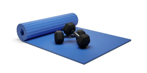 Twee Fitnessstudio Hexbell Gewichten Blue Unrolled Foam Yoga Fitness Mat — Stockfoto