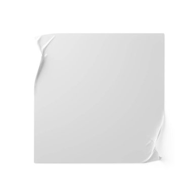 Boş, boş kare beyaz plastik folyo etiketi, beyaz arka planda buruşuk köşeler, kopya alanı, 3 boyutlu illüstrasyon