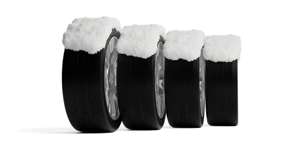 四个车胎站在白色的背景上 覆盖着雪 冬季轮胎运输的概念 3D插图 — 图库照片