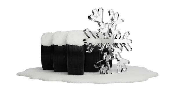 雪で覆われた雪のパッチに立っている新しい 未使用の車のタイヤ白い背景に抽象的な雪のフレーク 冬のタイヤ輸送コンセプト 3Dイラスト — ストック写真
