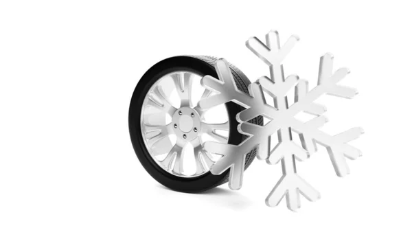 Single Standing Car Tire White Background Abstract Snowflake Standing Next — Stock Photo, Image