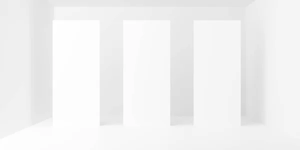 Fehér Üres Stúdió Szoba Háttér Három Függőleges Üres Panelek Központban — Stock Fotó