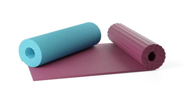 Twee Blauwe Rode Gerolde Onopgerolde Yoga Pilates Fitness Matten Witte — Stockfoto