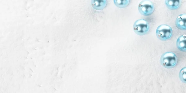 コピースペースフラットレイ上から上のトップビュー クリスマスや新年のテンプレート 3Dイラストと雪の背景に多くの 小さなライトブルーのクリスマスバブルボール — ストック写真