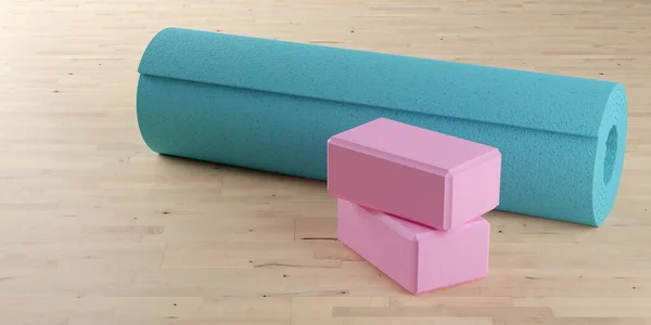 Two Stacked Foam Yoga Pilates Blocks Yoga Pilates Mat Wooden — Stock Photo, Image