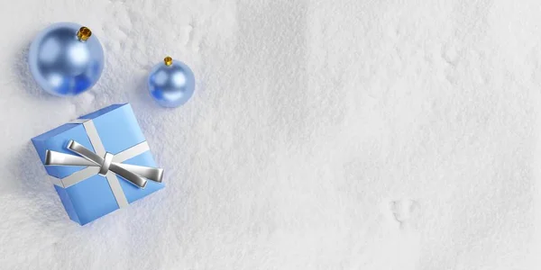 Twee Blauwe Kerstballen Kerstballen Kerstcadeau Aanwezig Pakket Sneeuw Achtergrond Met — Stockfoto