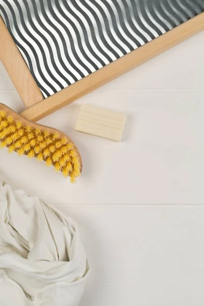Close Wood Metal Washboard Wash Board Brush Piece Washing Soap — ストック写真