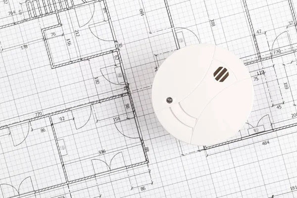 Rookmelder Brandalarm Sensor Witte Architectonische Plannen Achtergrond Huis Veiligheid Beveiliging — Stockfoto