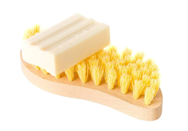 Close Bristle Brush Wooden Handle Piece Cleaning Soap Bar Household — Stock Photo, Image