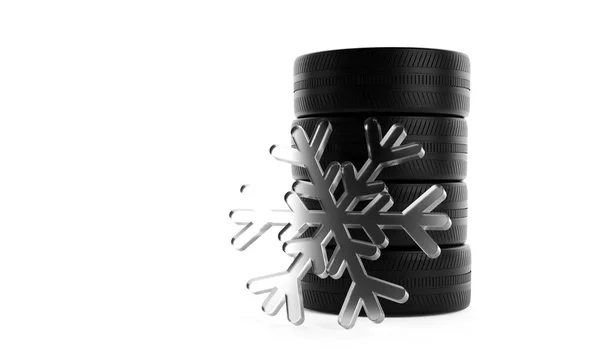抽象的な雪の結晶 冬のタイヤや雪のタイヤのコンセプト 3Dイラストと白の背景に4台の車のタイヤのスタック — ストック写真