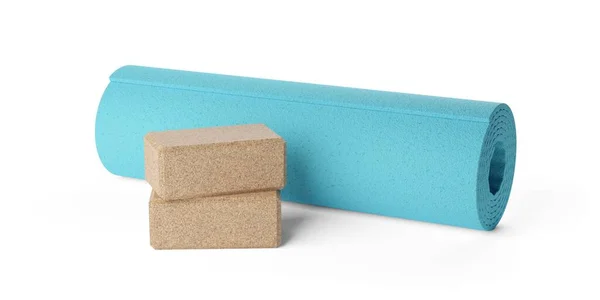Dois Blocos Ioga Pilates Empilhados Feitos Cortiça Natural Com Azul — Fotografia de Stock