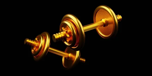 Two gold fitness gym dumbbells with plates isolated on black background, muscle exercise, bodybuilding or fitness concept, 3D illustration