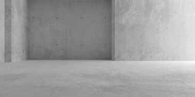 Soyut, boş, modern beton oda, sağ taraftan dolaylı ışık ve sert zemin - endüstriyel iç plan şablonu, 3 boyutlu illüstrasyon