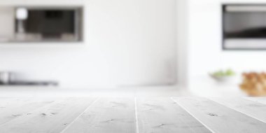 Boş ahşap masa üstü odak ışıkları olmayan modern beyaz mutfak arka planı, 3 boyutlu illüstrasyon