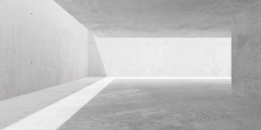 Abstract large, empty, modern concrete room, sunlight from roof opening and rough floor - industrial interior background template, 3D illustration
