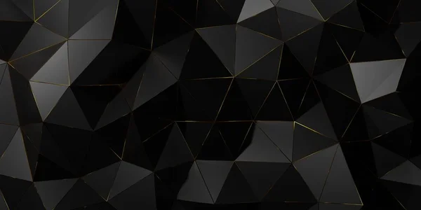 Small abstract black polygon geometry triangle mosaic background with gold inlays, wide angle view, 3D illustration