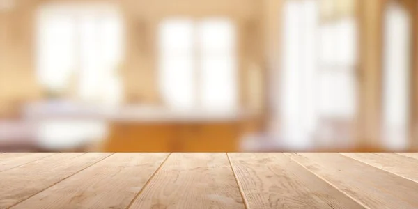 Empty Wooden Table Top Out Focus Lights Bokeh Rustic Farmhouse — Stock Photo, Image